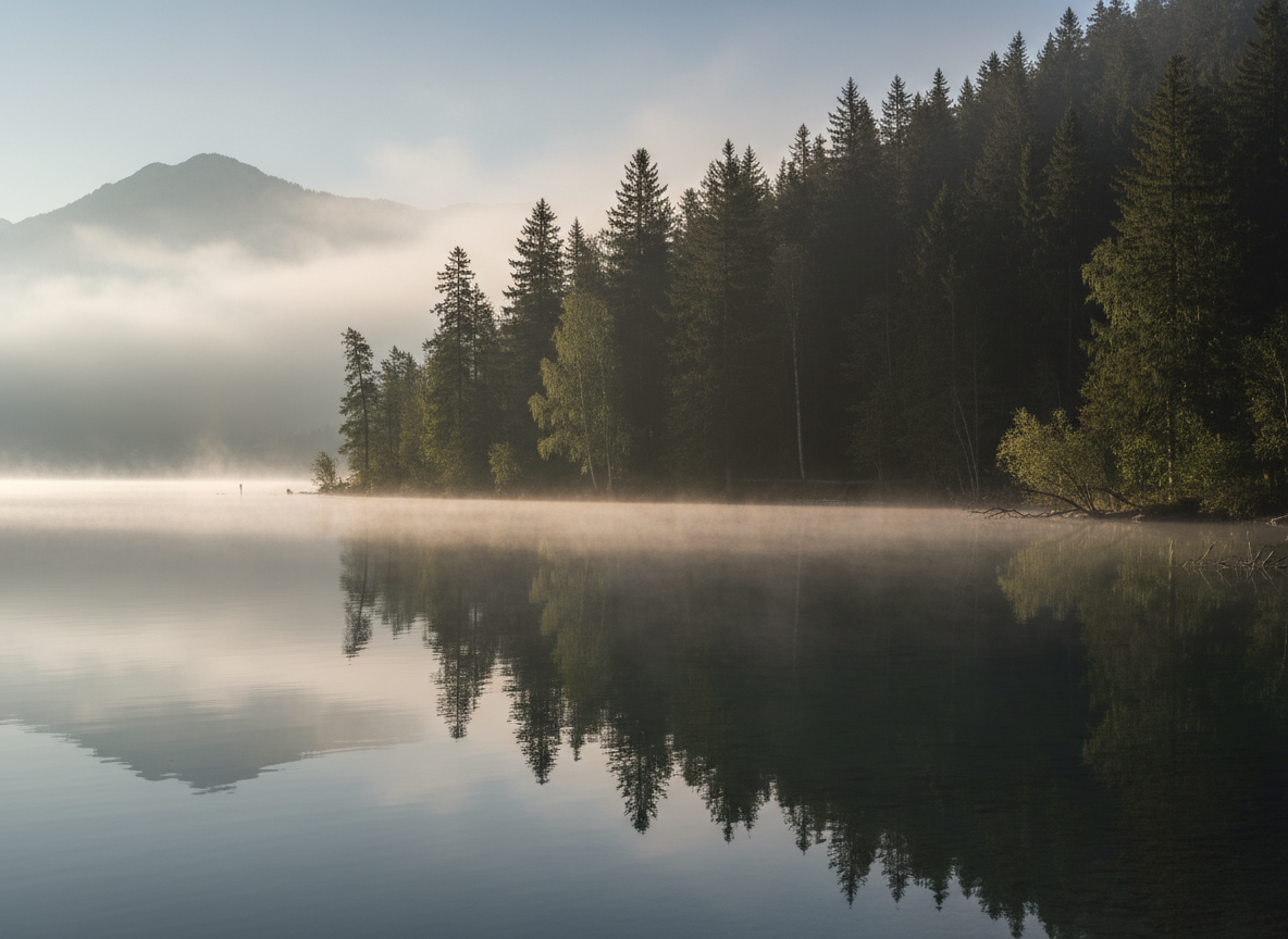 ruhiges atmosphärisches Bild vom Tegernsee mit Bäumen am Ufer, etwas morgendlichem Nebel und sanfter Morgensonne, kein Kitsch, nur ein Ausschnitt vom See