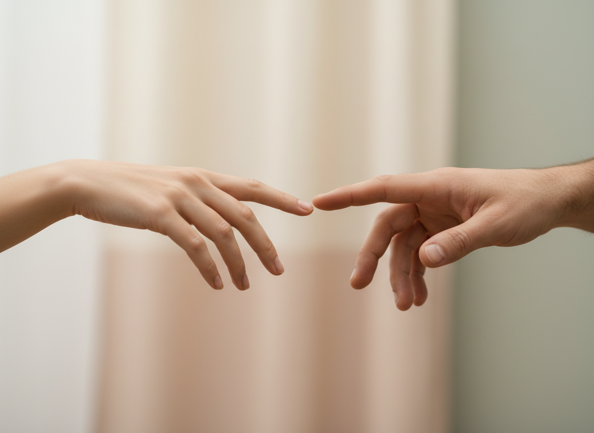 Zarte, stilvolle Fotografie von zwei Händen, die sich ohne religiöse Anmutung sanft annähern. Neutrale, freundliche Farbstimmung, moderner, unaufdringlicher Stil — passend für Paartherapie.